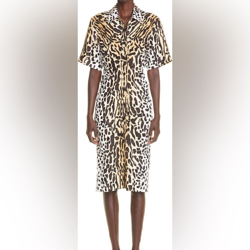 ST John Margay Cat Print Silk Shirtdress Size 10 NWOT Leopard Print